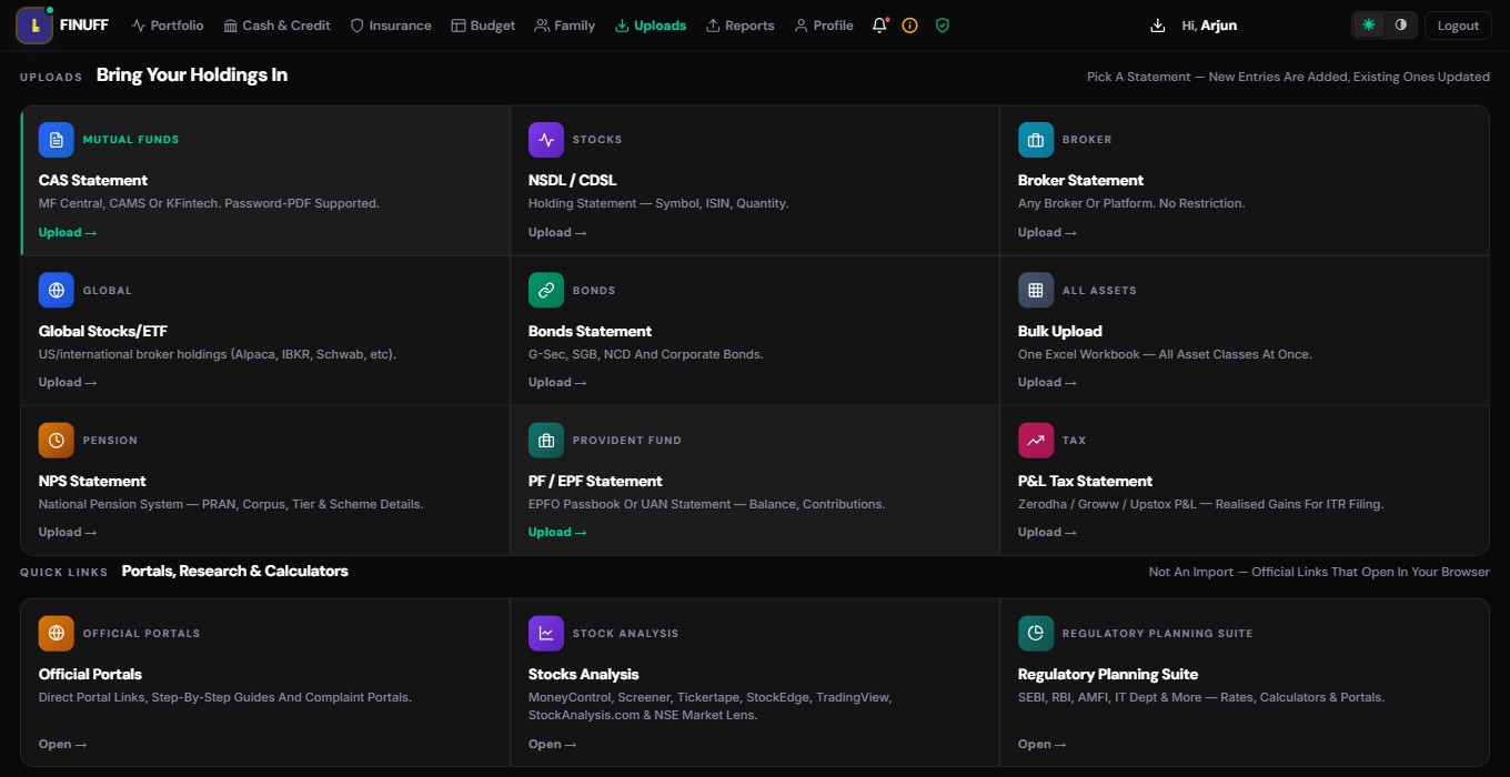 FINUFF Import screen — CAS, broker, bonds, NPS, PF and tax statement upload, all sources in one place